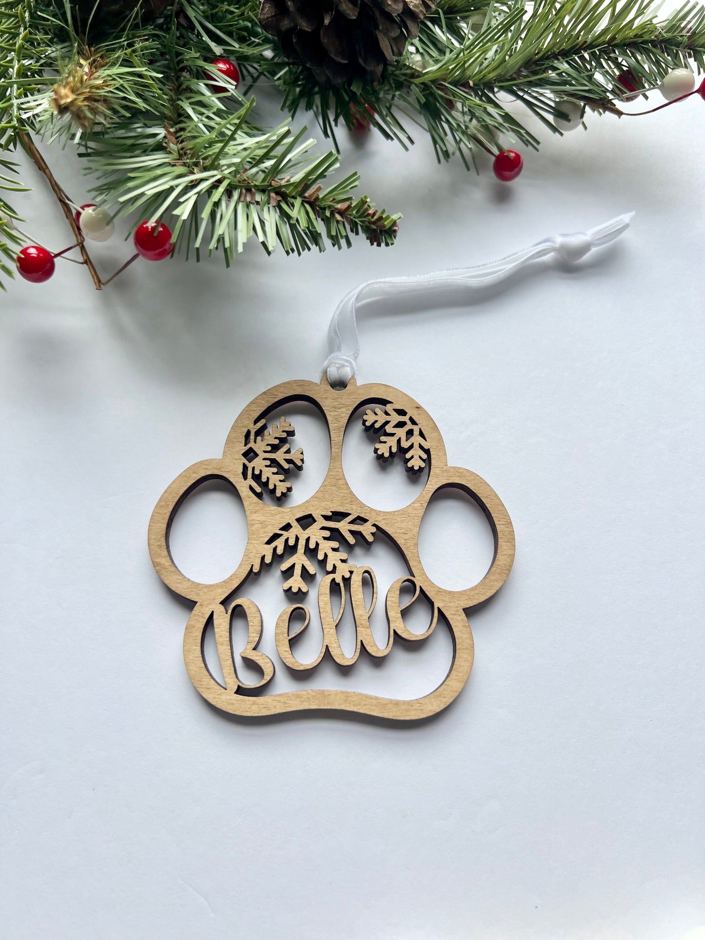 Personalized Ornament - Paw Print w/Snowflakes